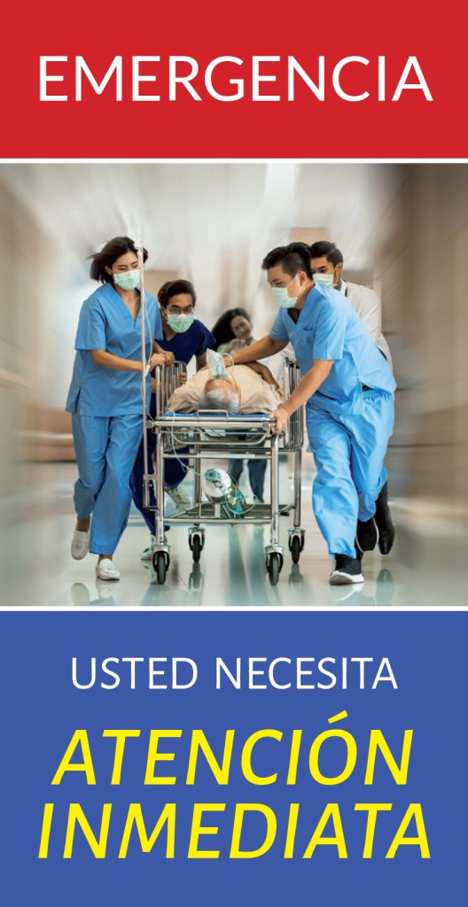 Equipo médico corre con un paciente en camilla por un pasillo; textos: «Emergencia» y «Usted necesita atención inmediata»
